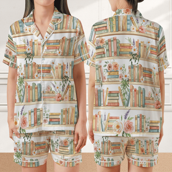 Lotusprinthandmade Book Reading All-over Print Satin Short-Sleeve Pajamas Set (XL) – Reading Graphic Pajamas