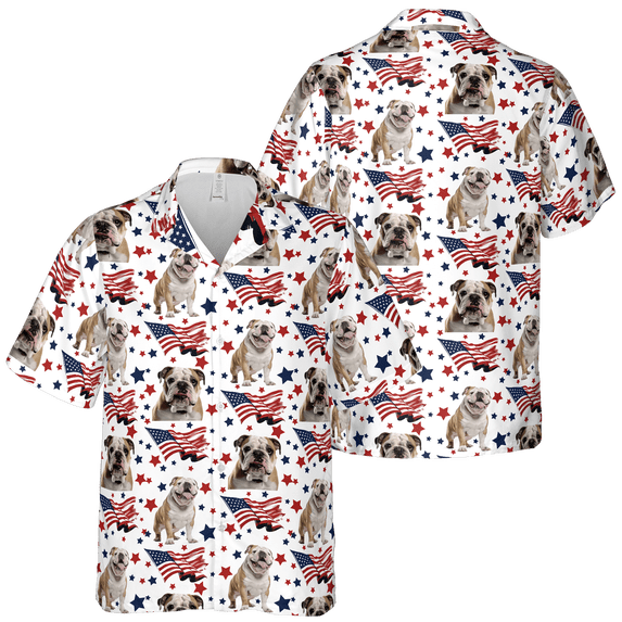 Lotusprinthandmade Bulldog US Flag Pattern 4th July Independence Day Short-sleeve Hawaiian Shirt S-5XL (L)