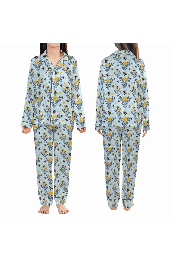 Bumblebee & Floral All-over Print Satin Pajamas Set (No Pocket)