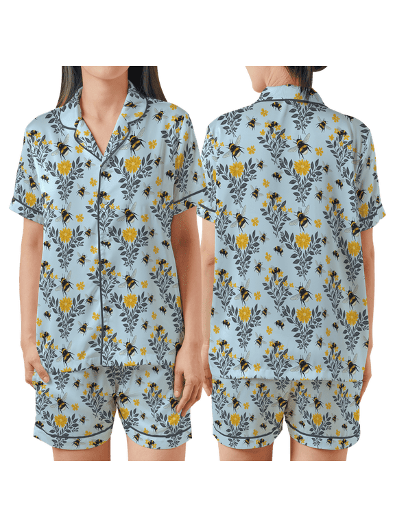 Bumblebee and Floral Print All-over Print Matching Pajamas Set Short-Sleeve S, Multicolor