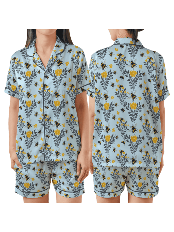 Bumblebee and Floral All Over Print Satin Short Sleeve Pajamas Set No Pocket