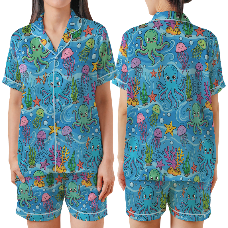 Pyjama Octopus Lotusprinthandmade Cartoon Octopus and Jellyfish All-over Print Satin ...