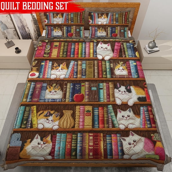 Lotusprinthandmade Cat And Book Quilt Bedding Set (White Binding) 5 Sizes (60x70)