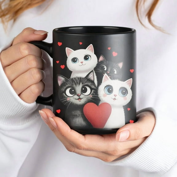 Lotusprinthandmade Cat And Heart Love Black Ceramic Mug (11oz) (Made In US) – Cat Drinkware