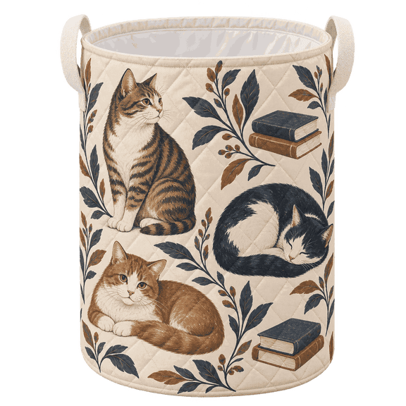 Lotusprinthandmade Cat Book Quilt Laundry Basket, Botanical Cat Storage Hamper