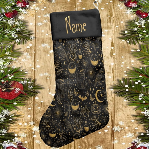 Lotusprinthandmade Personalized Cat Pumpkin and Crow Bird Spooky Christmas Stocking L