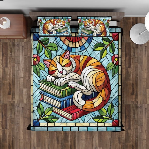 Lotusprinthandmade Cat Sleeping On Books 3D Quilt Bedding Set (Fold Hem) 5 Sizes (Made in Vietnam) (55x60), Cozy Literary Cat Bedspread for Book Lovers