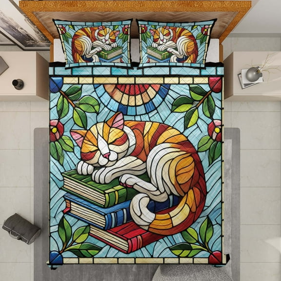 Lotusprinthandmade Cat Sleeping On Books 3D Quilt Bedding Set (White Binding) 5 Sizes (Made in Vietnam) (55x60), Cozy Literary Cat Bedspread for Book Lovers