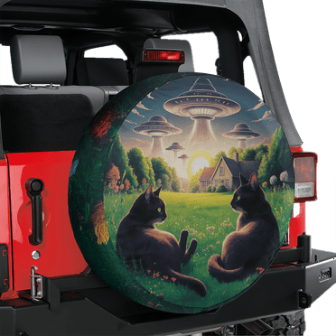 Lotusprinthandmade Cat and UFO Spare Tire Cover Without Backup Camera Hole 6 Sizes (27 in.), spare tire cover with 3d cat