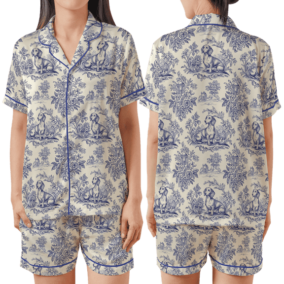 Lotusprinthandmade Chinoiserie Dachshund Dog Graphic All-over Print Matching Pajamas Set Short-Sleeve 4XL, Multicolor