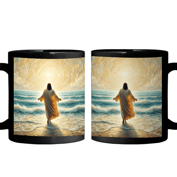 Lotusprinthandmade Christian Faith Art Jesus Christ Walking on Water Black Ceramic Mug (15oz) (Made In US), Faith-based Coffee Mug, Religious Faith Mug