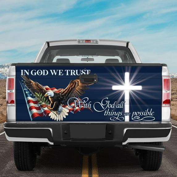 Lotusprinthandmade Christian God America Flag Eagle Tailgate Wrap 2 Sizes (26"x66"), patriotic religious truck wrap, faith themed tailgate cover