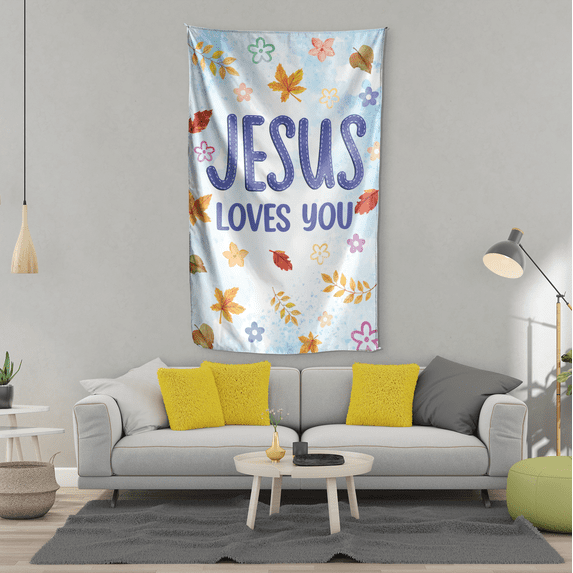 Lotusprinthandmade Christian Jesus Loves You 100% Polyester Wall Flag One Size 36 x 60 inches
