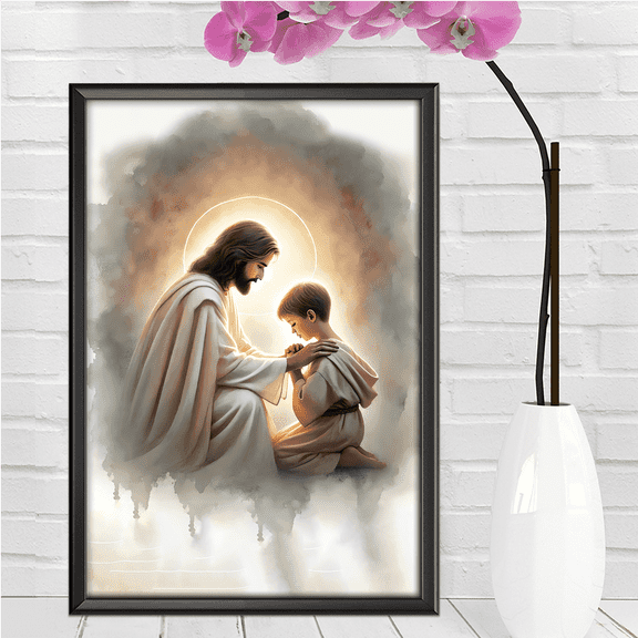 Lotusprinthandmade Christian Jesus Praying With Boy Canvas Wall Art 24 x 16 in, Multicolor