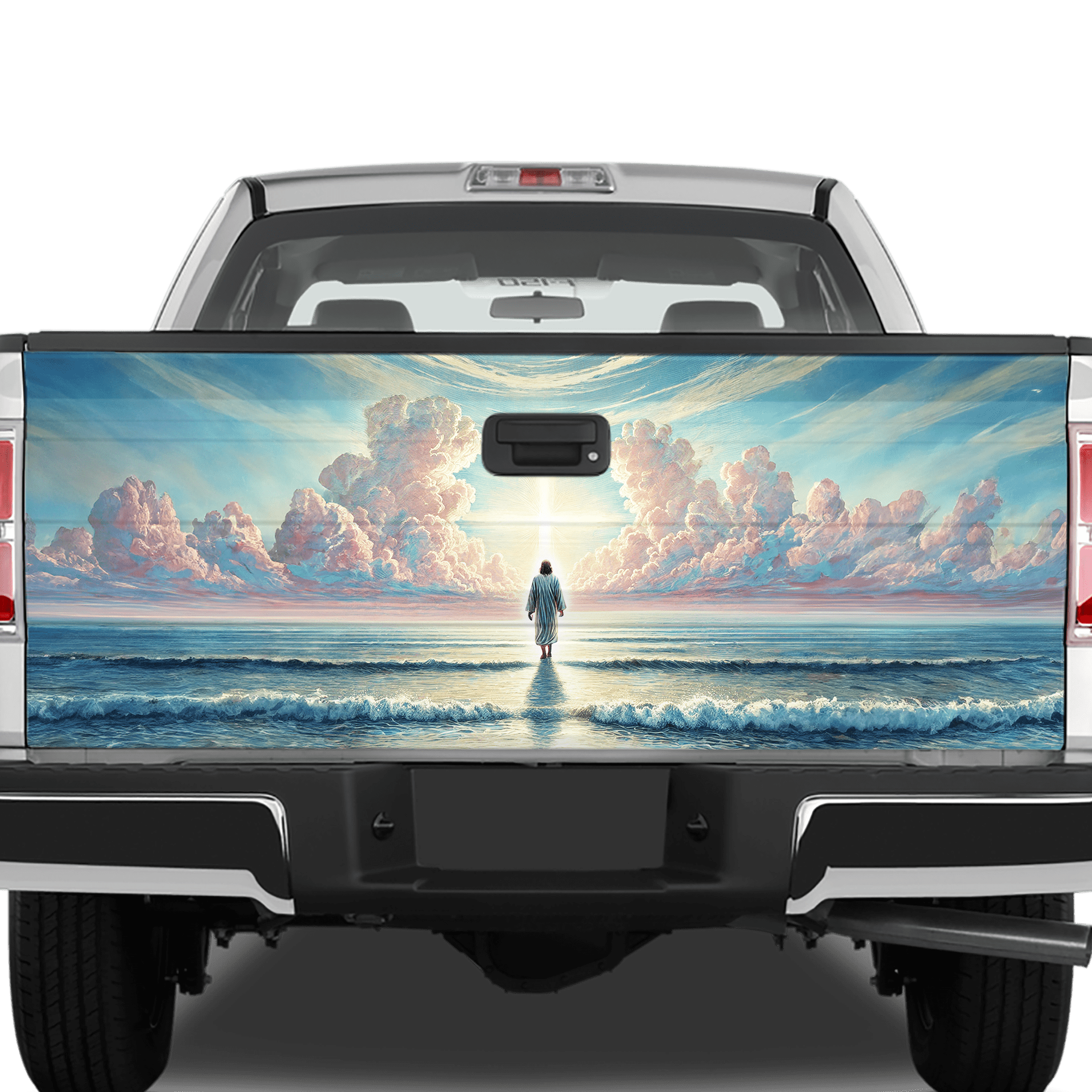 Lotusprinthandmade Christian Jesus Walking on Water Tailgate Wrap 2 Sizes (24"x58"), Faith-based Truck Wrap, Christian-themed Tailgate Graphic