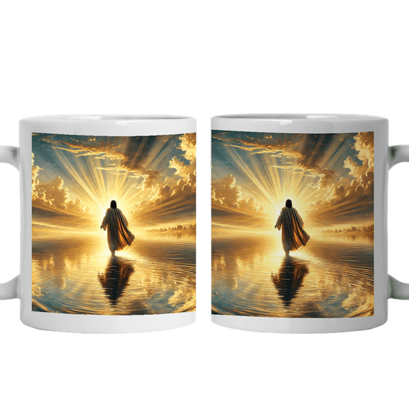 Lotusprinthandmade Christian Jesus Walking on Water White Ceramic Mug (11oz) (Made In US), Faith-based Coffee Mug, Christian-themed Drinkware
