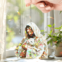 Lotusprinthandmade Christian Jesus With Lamb Custom Shape Broken Glass Hologram Ornament 3.5in – Decorative Hanging Ornament