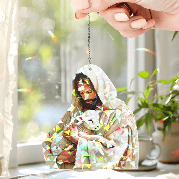 Lotusprinthandmade Christian Jesus With Lamb Custom Shape Broken Glass Hologram Ornament 3.5in – Decorative Hanging Ornament
