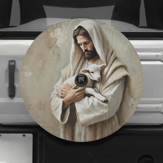 Lotusprinthandmade Christian Jesus With Lamb Spare Tire Cover With Backup Camera Hole 6 Sizes (29 in.) – Durable Car Tire Protector
