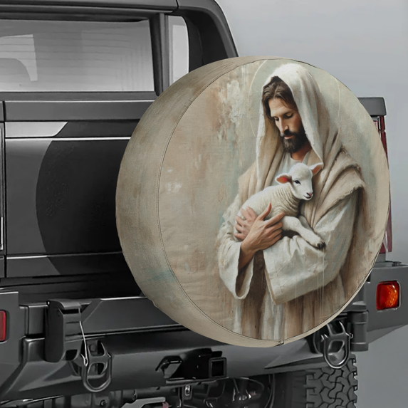 Lotusprinthandmade Christian Jesus With Lamb Spare Tire Cover Without Backup Camera Hole 6 Sizes (32 in.) – Durable Car Tire Protector