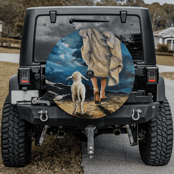 Lotusprinthandmade Christian Jesus and Lamb Animal Spare Tire Cover With Backup Camera Hole 6 Sizes (29 in.)