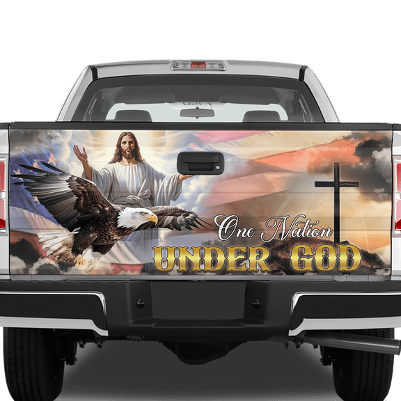 Lotusprinthandmade Christian Patriotic God Cross Eagle America Tailgate Wrap 2 Sizes (26"x66"), God And Eagle Tailgate Decal, America Flag Cross Tailgate Wrap