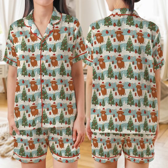 Lotusprinthandmade Christmas Cute Highland Cow All-over Print Satin Short-Sleeve Pajamas Set (2XL), christmas themed cow pajamas set