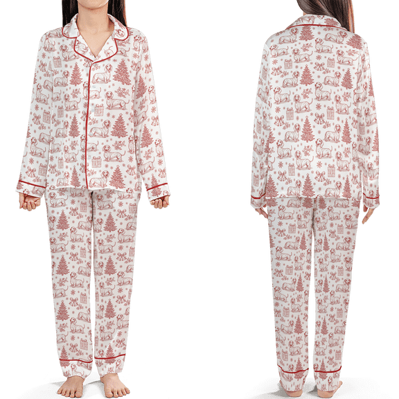 Lotusprinthandmade Christmas Dachshund All-over Print Satin Pajamas Set (No Pocket) (S) – Dachshund Gift Pajamas