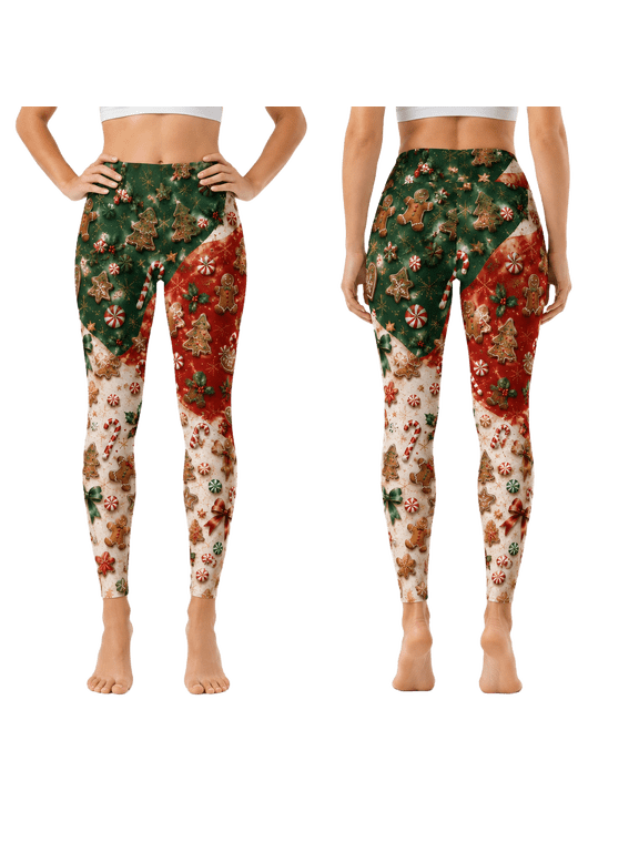 Lotusprinthandmade Christmas Gingerbread Standard Leggings, Candy Cookie High Waist Yoga Pants