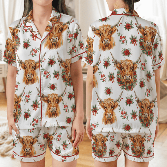 Lotusprinthandmade Christmas Highland Cow All-over Print Satin Short-Sleeve Pajamas Set (No Pocket) (5XL) – Pajamas Set for Cow Lovers