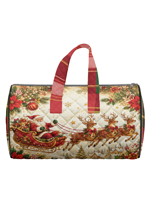Christmas Santa Reindeer Quilted Weekend Bag, Holiday Sleigh Poinsettia Winter Travel Duffel Bag