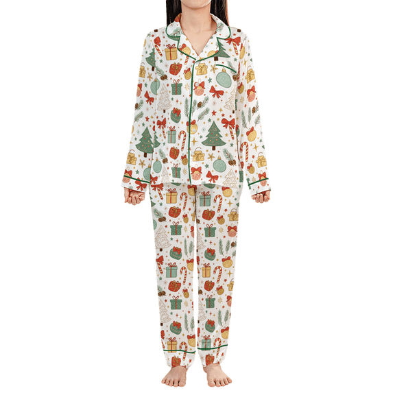 Lotusprinthandmade Christmas Tis The Season All-over Print Satin Pajamas Set (M), retro christmas satin pajama set for women, tis the season holiday sleepwear