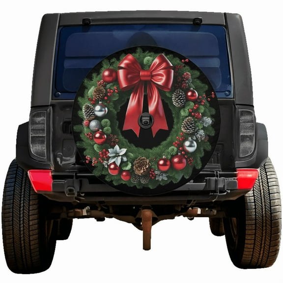 Lotusprinthandmade Christmas Wreath Spare Tire Cover With Backup Camera Hole 6 Sizes (27 in.) – Tire Cover With Christmas Theme
