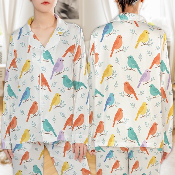 Lotusprinthandmade Colorful Bird All-over Print Satin Pajamas Set (No Pocket) (S), bird print pajamas, colorful bird pajama set