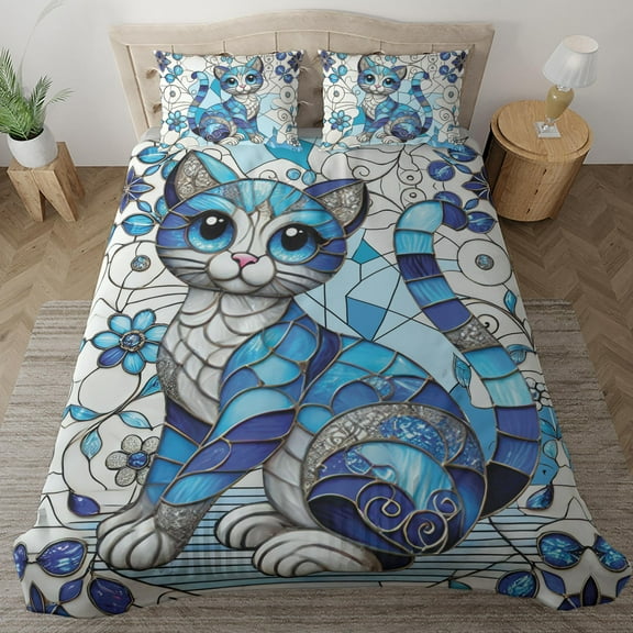 Lotusprinthandmade Colorful Cute Cat Bedding Set (Made in Vietnam) (60x80), vibrant cat themed comforter, cute cat duvet cover