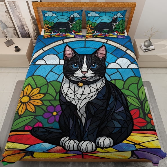 Lotusprinthandmade Colorful Cute Cat Quilt Bedding Set (White Binding) 5 Sizes (60x70)