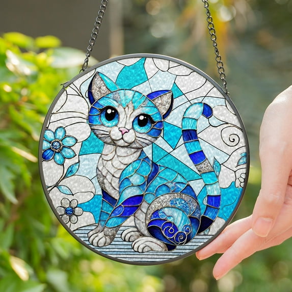 Lotusprinthandmade Colorful Cute Cat Stained Glass Suncatcher for Window Hanging Cir4in, cute cat window hanging, colorful cat glass art