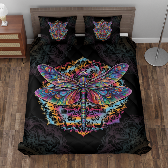 Lotusprinthandmade Colorful Dragonfly Quilt Bedding Set (Fold Hem) 5 Sizes (Made in Vietnam) (80x90), Vibrant Dragonfly-Themed Quilt Bed Set