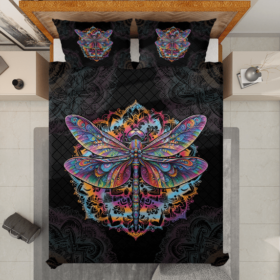 Lotusprinthandmade Colorful Dragonfly Quilt Bedding Set (White Binding) 5 Sizes (Made in Vietnam) (90x100), Vibrant Dragonfly-Themed Quilt Bed Set
