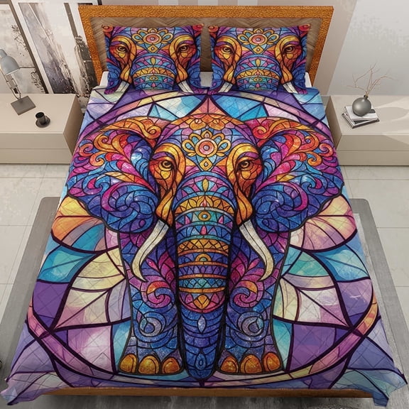 Lotusprinthandmade Colorful Elephant Lovers Quilt Bedding Set, White Binding, 90x100