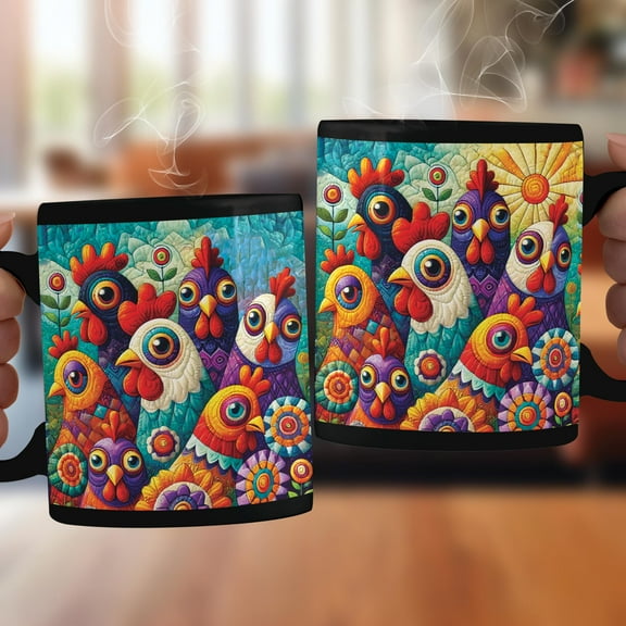 Lotusprinthandmade Colorful Funny Chicken Black Ceramic Mug (11oz) (Made In US), Quirky Chicken-Themed Mug For Coffee Lovers