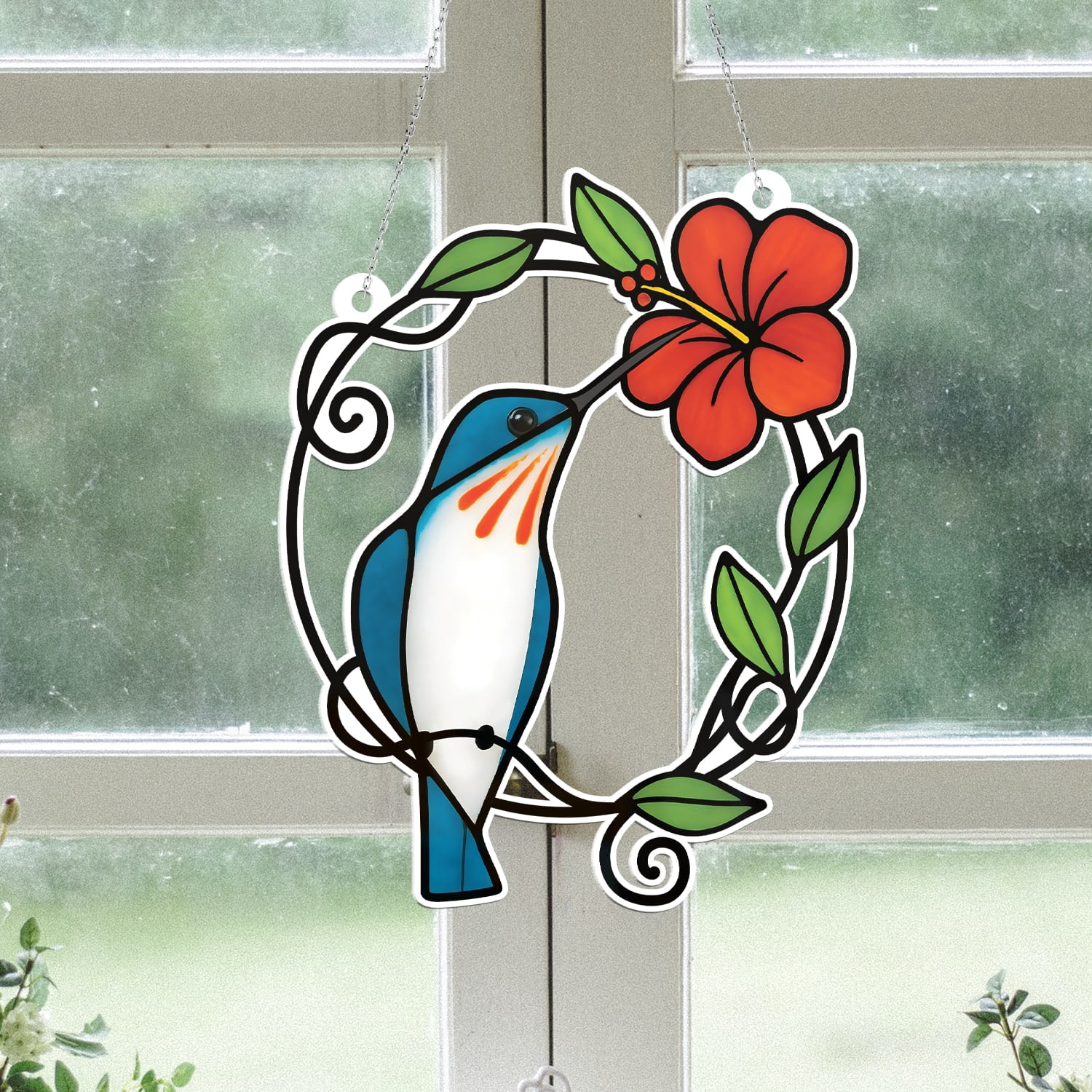 Lotusprinthandmade Colorful Hummingbird with Floral Custom Shape Window ...