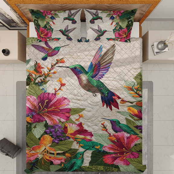 Lotusprinthandmade Colorful Hummingbird Quilt Bedding Set White Binding