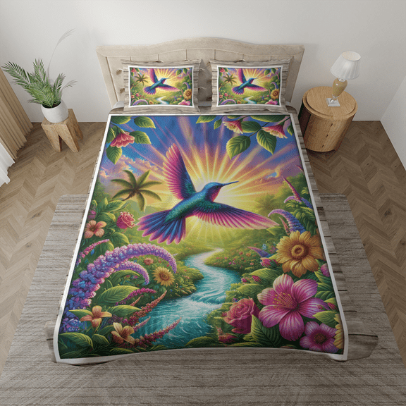 Lotusprinthandmade Colorful Hummingbird and Floral Bedding Set (Made in Vietnam) (60x80), nature-inspired bedding, hummingbird comforter