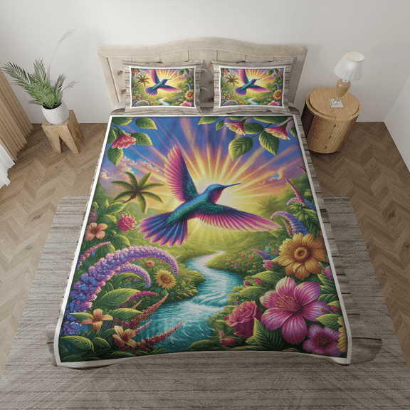 Lotusprinthandmade Colorful Hummingbird and Floral Bedding Set (Made in Vietnam) (88x88), nature-inspired bedding, hummingbird comforter