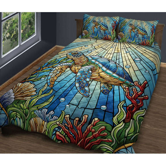 Lotusprinthandmade Colorful Sea Turtle Quilt Bedding Set (Fold Hem) 5 Sizes (Made in Vietnam) (80x90), vibrant sea turtle quilt bed set, sea turtle comforter set