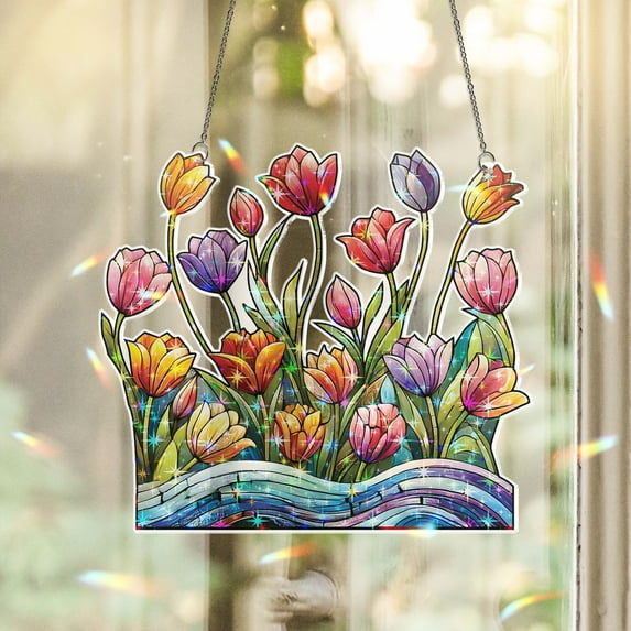 Lotusprinthandmade Colorful Tulips Floral Custom Shape Star Hologram Ornament 12in, tulips floral holographic ornament, tulips floral ornament