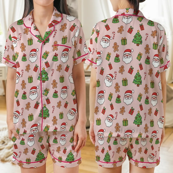 Lotusprinthandmade Coquette Bow Santa Claus Merry Christmas All-over Print Satin Short-Sleeve Pajamas Set (M), coquette christmas pajama set
