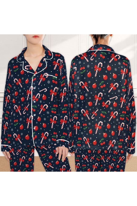 Coquette Candy Cane All-over Print Satin Pajamas Set (L), Cute Christmas Holiday Sleepwear