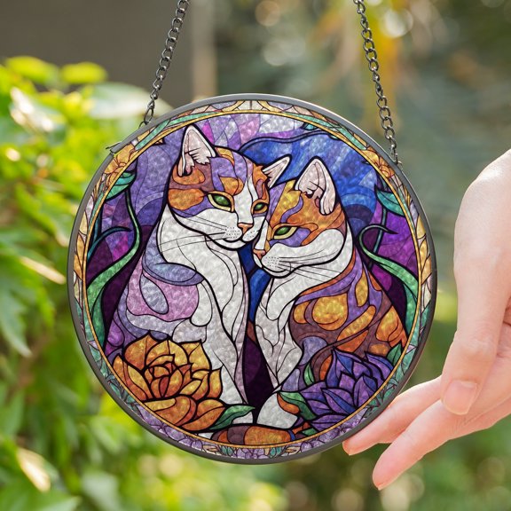 Lotusprinthandmade Couple Cats Stained Glass Suncatcher for Window Hanging Cir4in, Cute Cat Romantic Decor